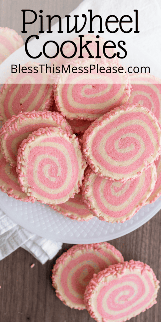 pin for pinwheel cookies with images of the swirled tan and pink cookies with pink sprinkles on the outside