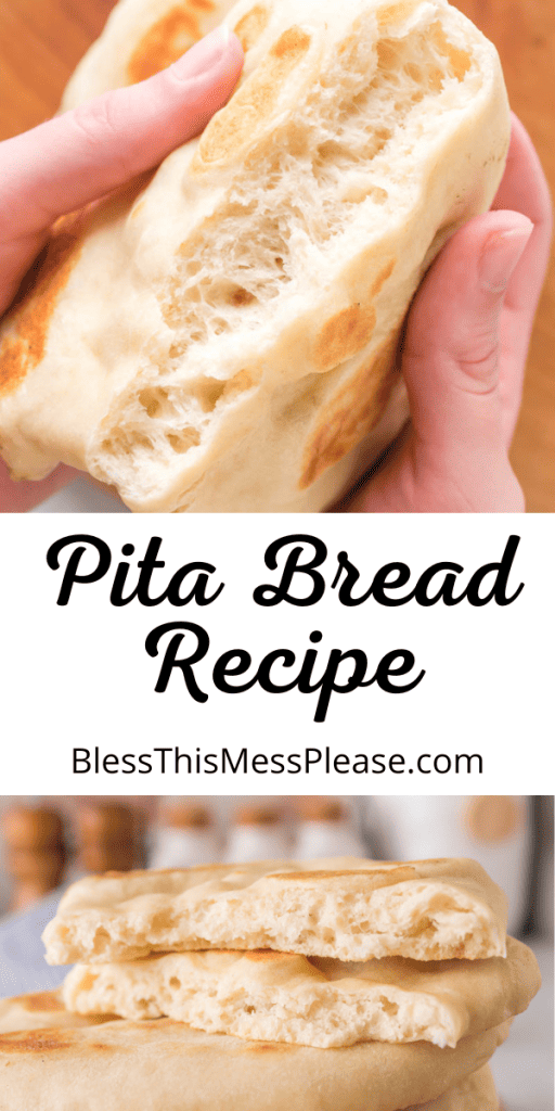 pin for pita bread recipe with images of the bread cooked and piled into a stack