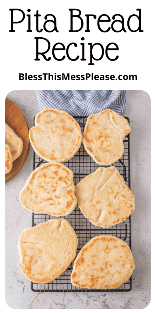 pin for pita bread recipe with images of the bread cooked and laid on cooling racks