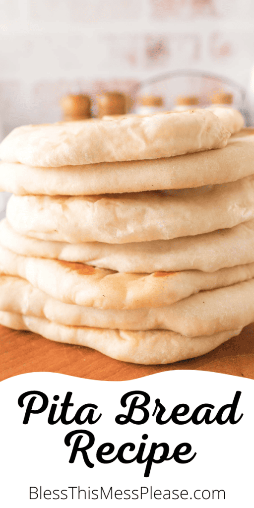 pin for pita bread recipe with images of the bread cooked and piled into a stack