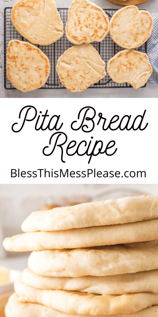 pin for pita bread recipe with images of the bread cooked and piled into a stack