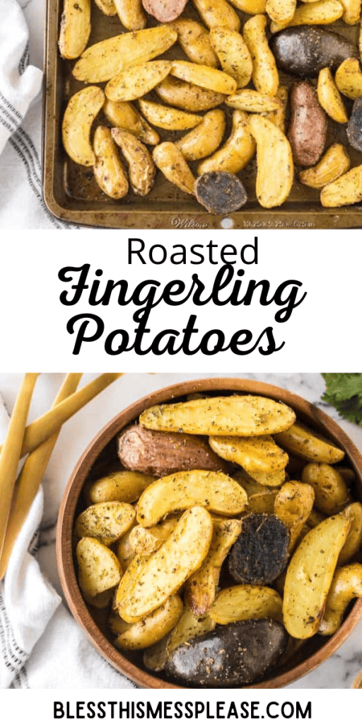 Text reads roasted finger potatoes and shows potatoes perfectly baked.