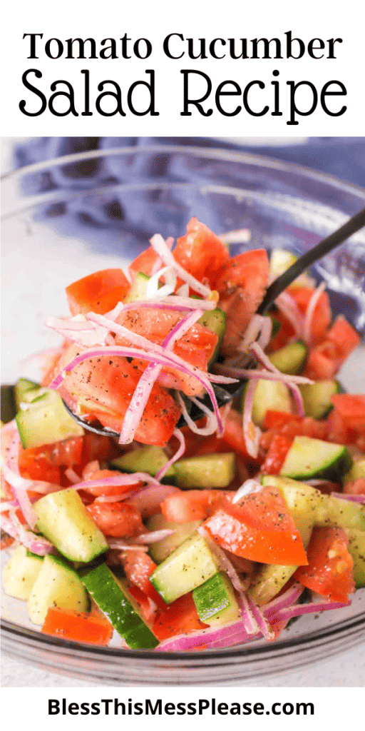 Text reads Tomato and Cucumber salad and shows a spoonful of salad