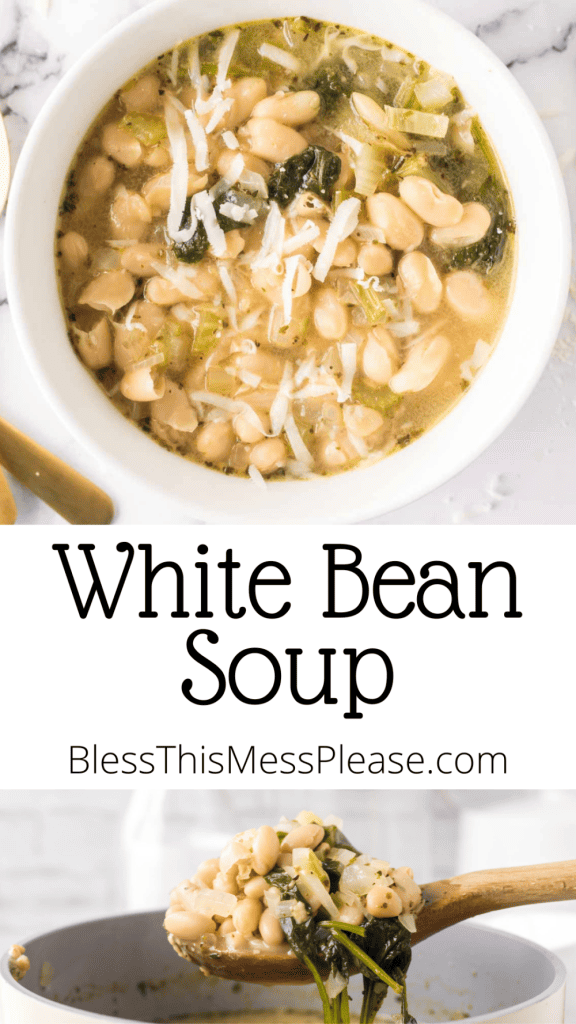 pin for white bean soup recipe with images of the soup in white bowls