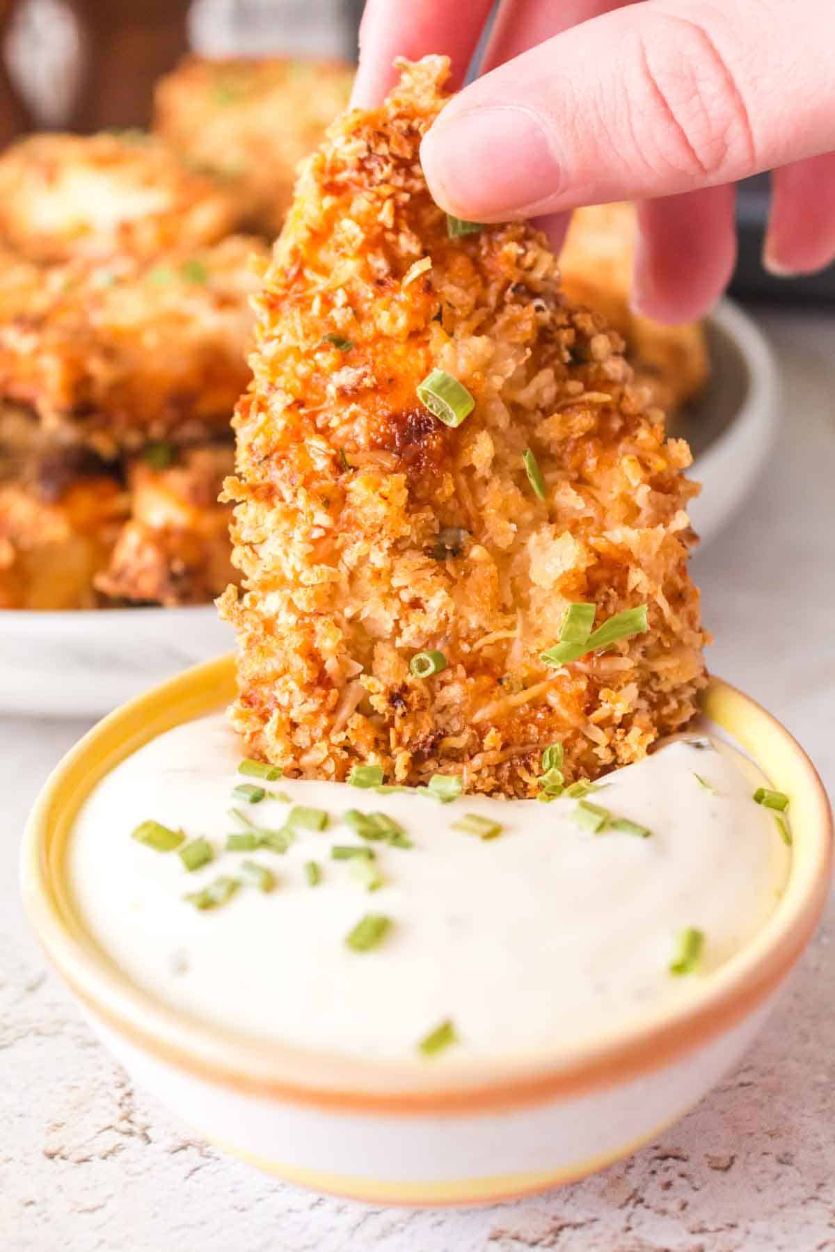 POV air fryer chicken tenders dipped in aioli