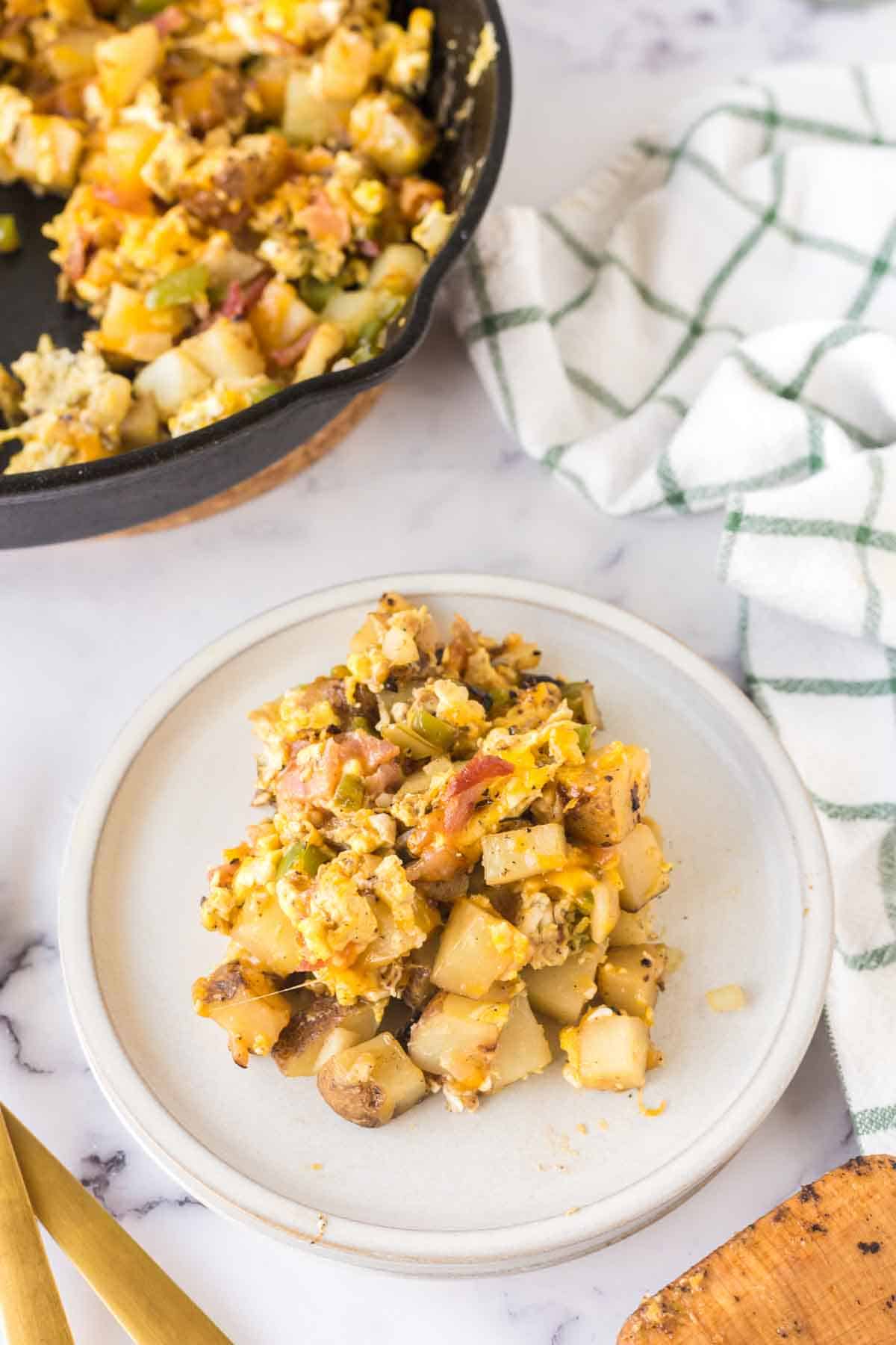 Breakfast skillet served on a plate.