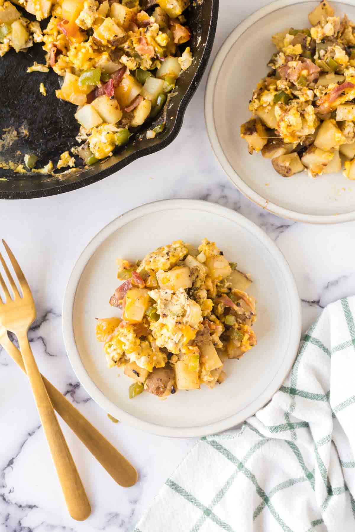 Top view of a country egg skillet breakfast.