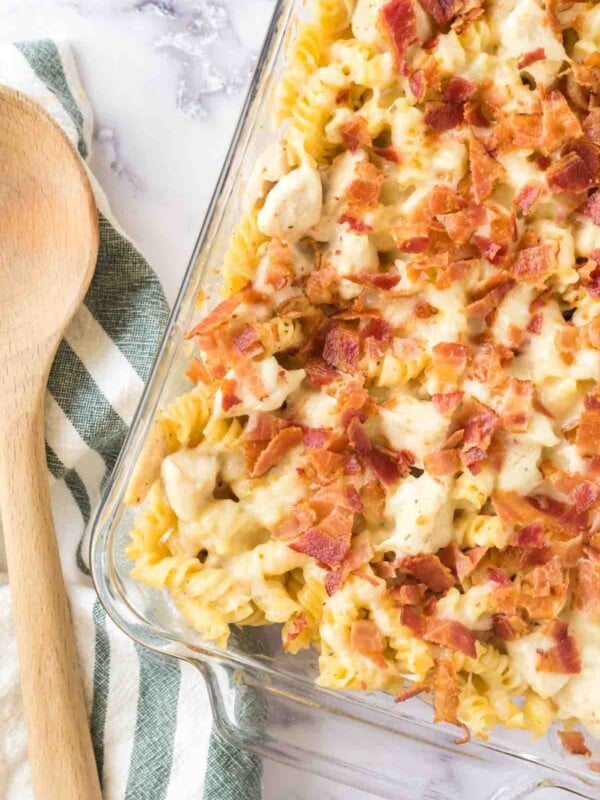 Chicken bacon ranch casserole in a baking dish