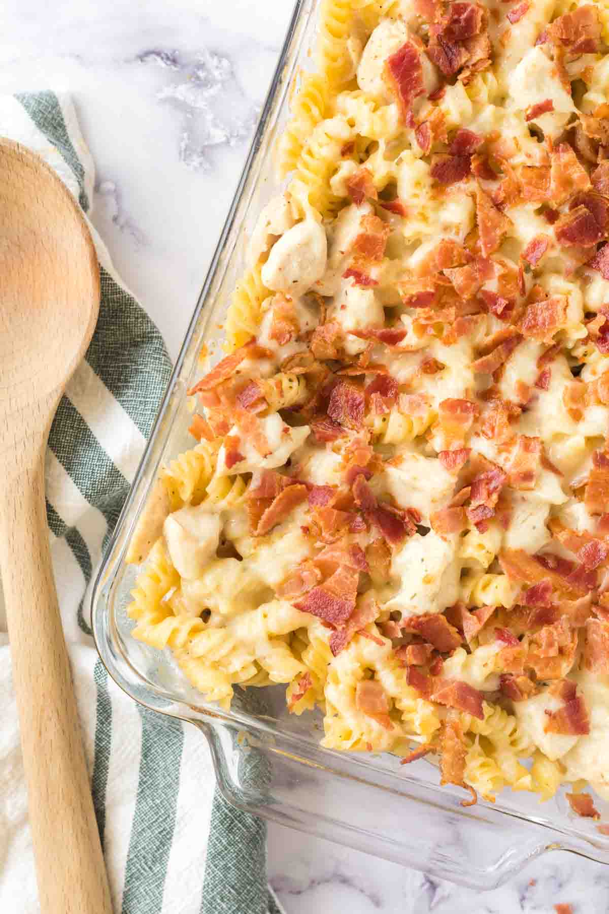 Chicken bacon ranch casserole in a baking dish.