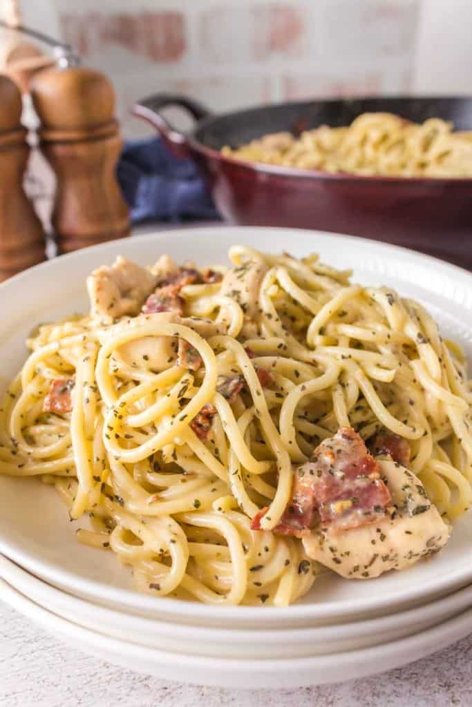 Chicken carbonara served on a plate. 