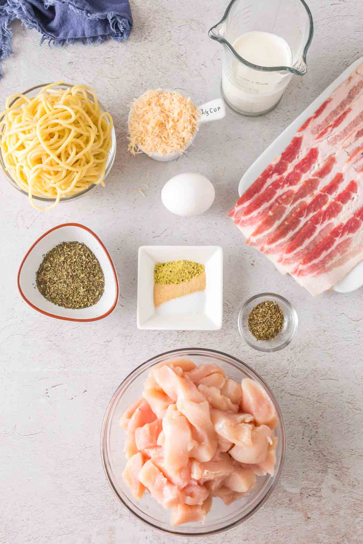 Ingredients for chicken carbonara.