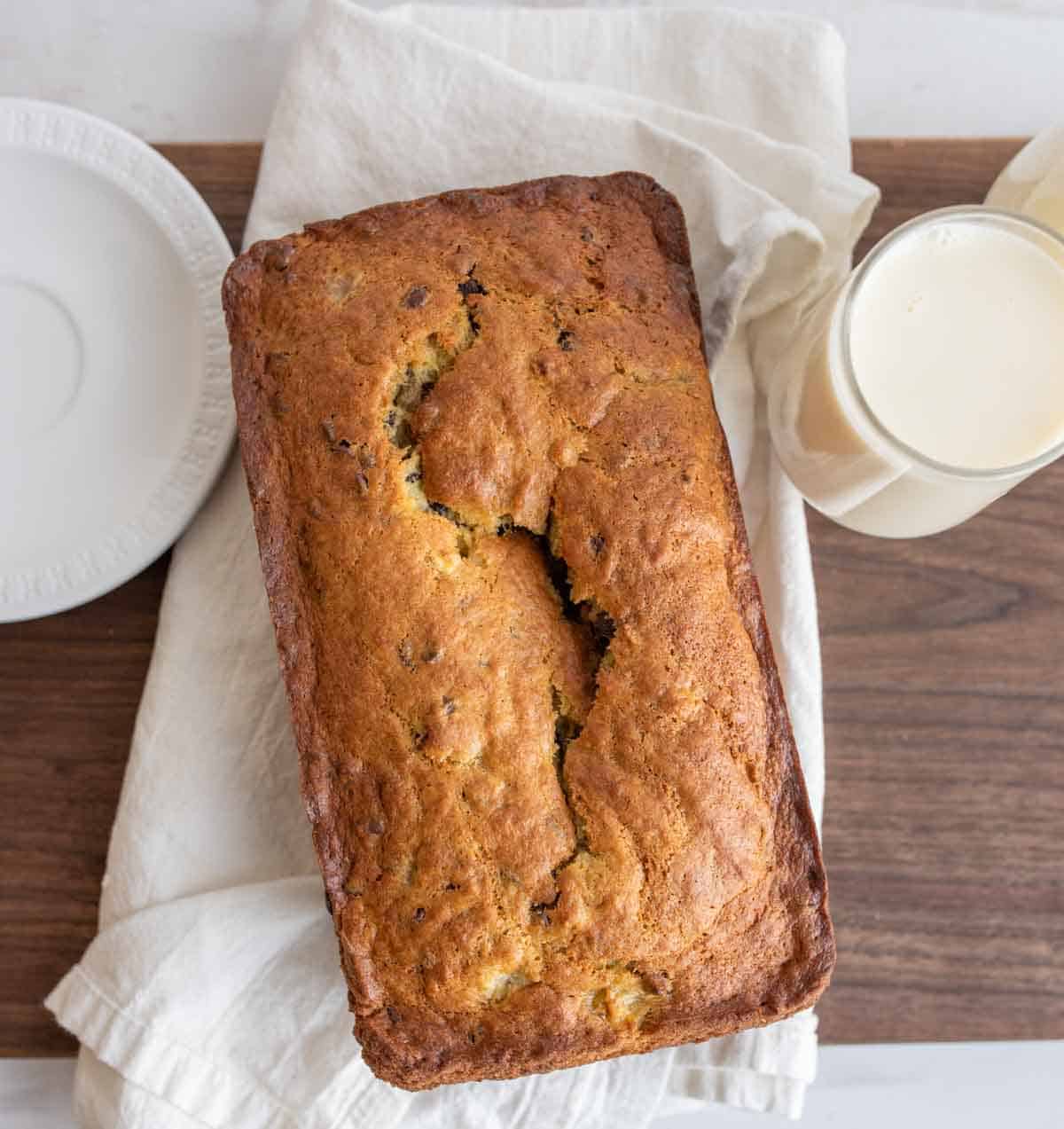 top view of chocolate chip banana bread loaf whole