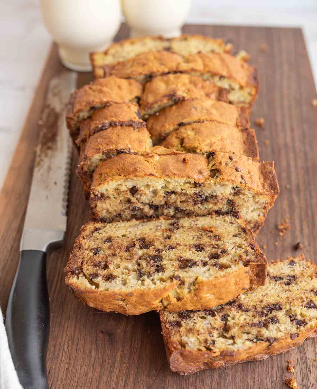 chocolate chip banana bread loaf sliced