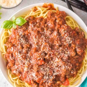 top view of easy homemade spaghetti sauce on pasta on a white plate