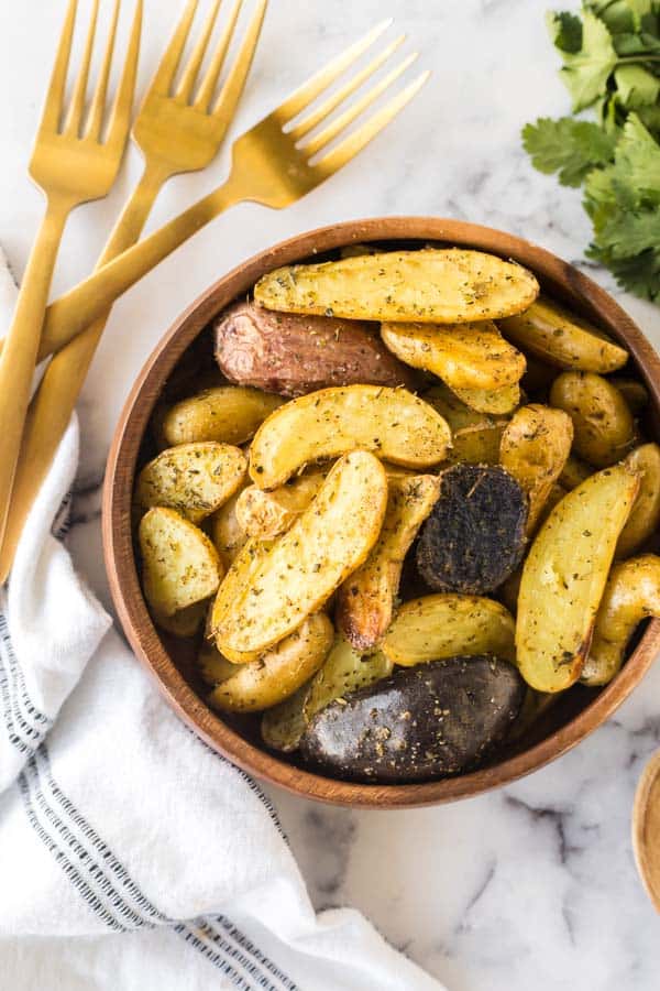 Finished fingerling potatoes in a bowl