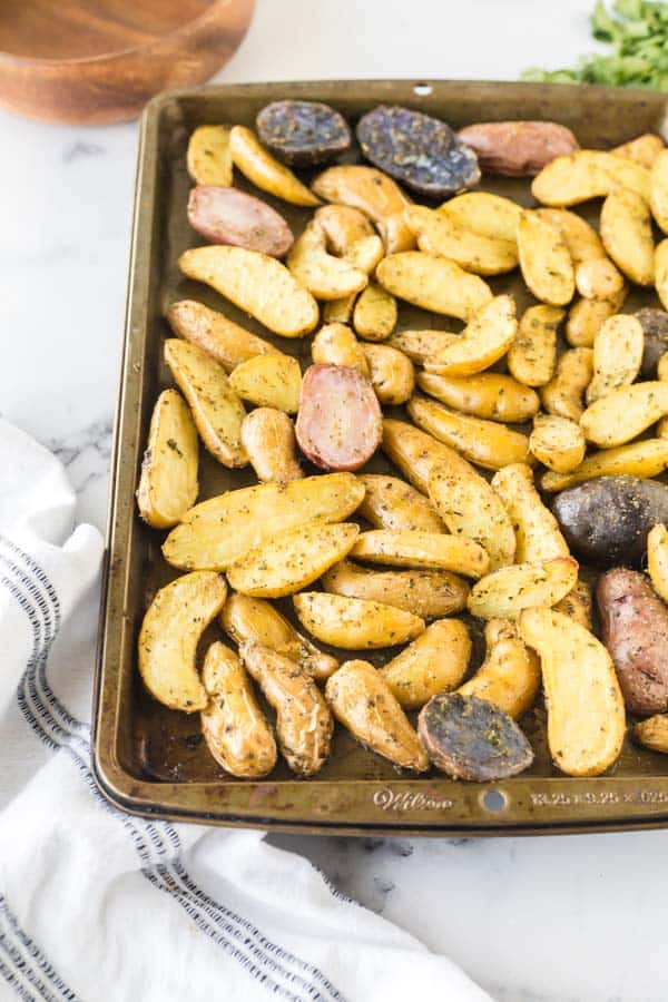 fingerling potatoes on a baking sheet.