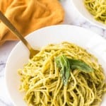 pesto pasta on a white plate