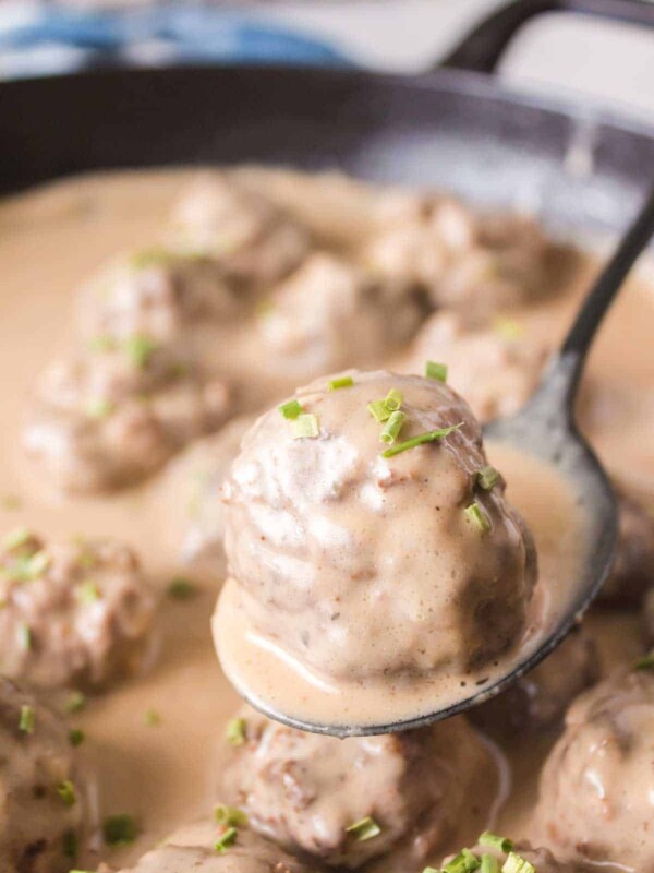 swedish meatball POV on a spoon with sauce