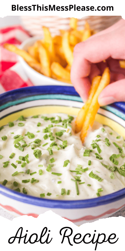 pin that reads aioli recipe with image of creamy mayo based sauce with chives on top