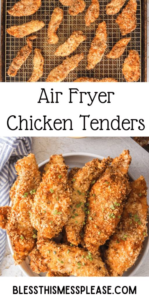 pin that reads air fryer chicken tenders with crispy breaded chicken