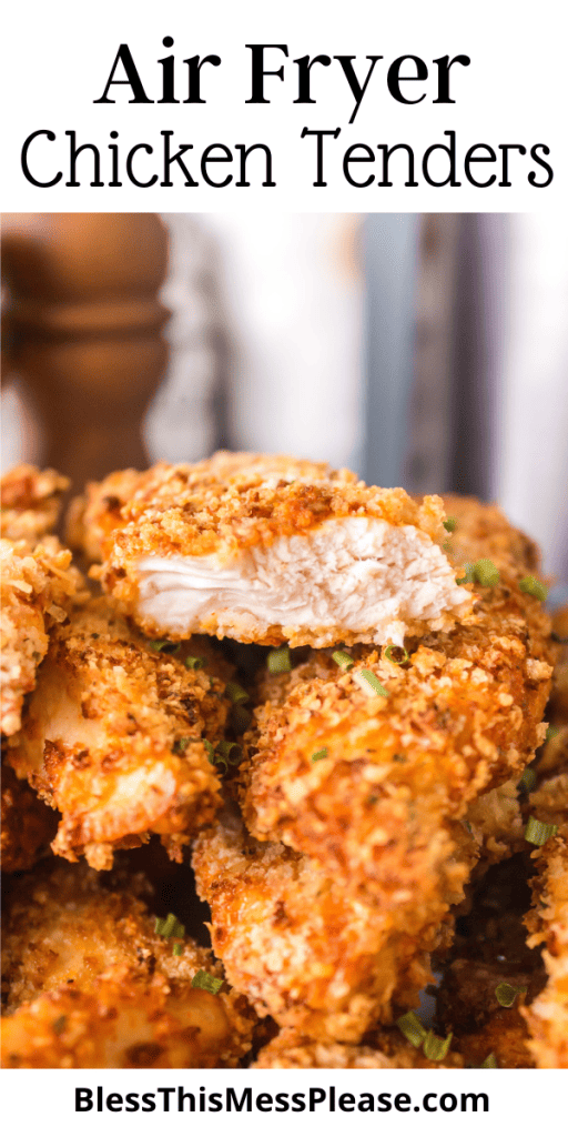 pin that reads air fryer chicken tenders with crispy breaded chicken