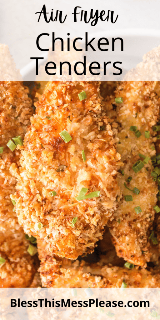 pin that reads air fryer chicken tenders with crispy breaded chicken