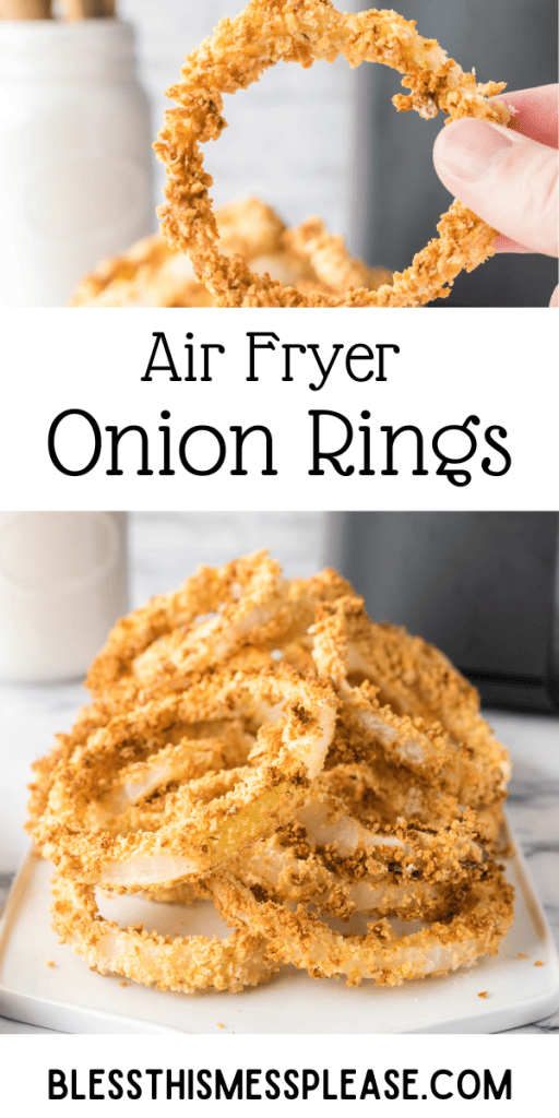 Pin that reads air fryer onion rings with a stack of crispy golden onions and a POV of a hand holding it