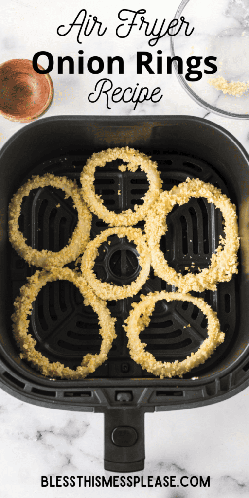 Pin that reads air fryer onion rings with six battered rings in a square air fryer basket