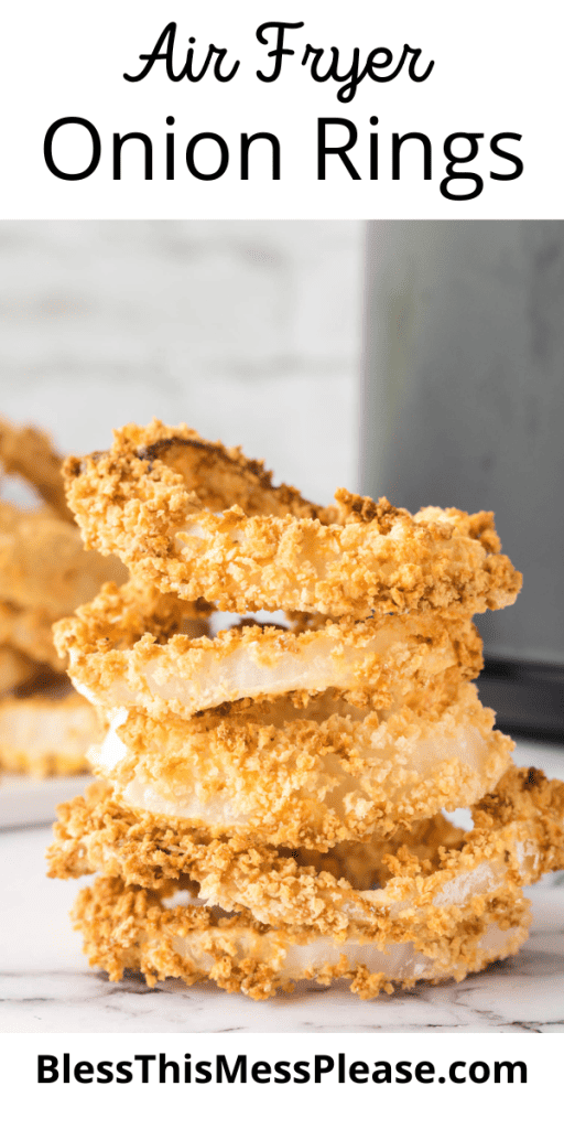 Pin that reads air fryer onion rings with a stack of crispy golden onions