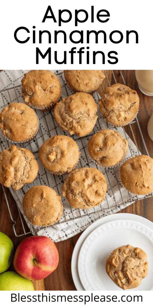 pin that reads apple cinnamon muffins recipe with muffins on a cooling rack.