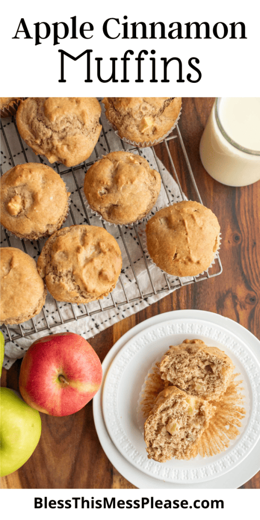 pin that reads apple cinnamon muffins recipe with muffins on a cooling rack