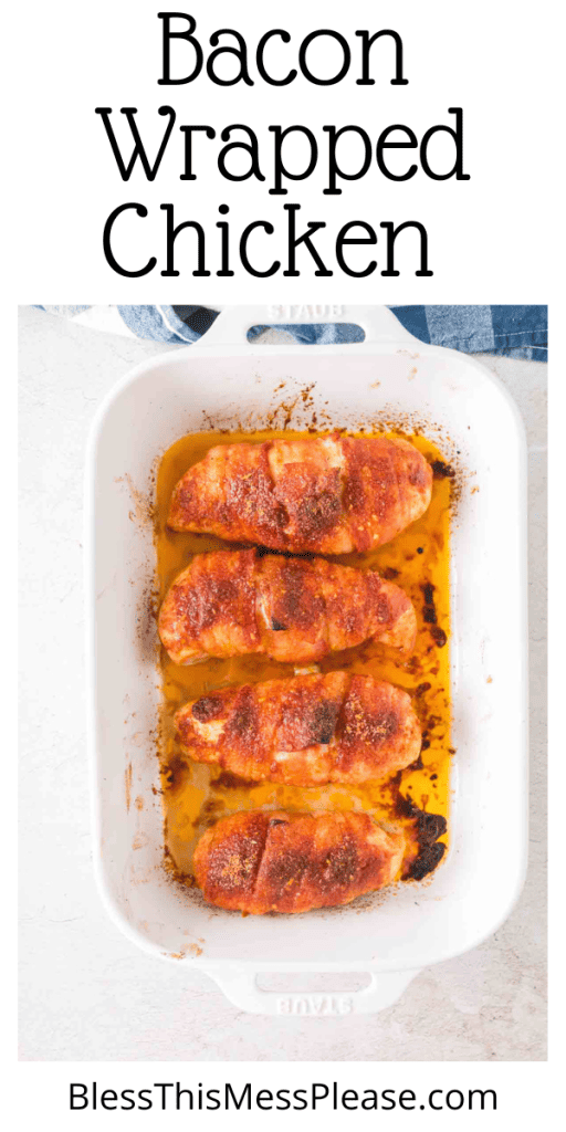Pin image with text and shows chicken in a baking dish