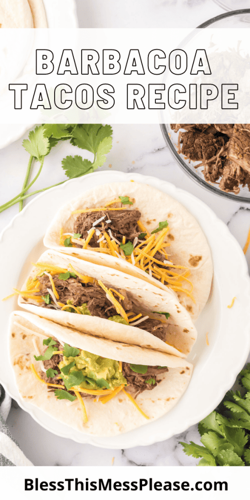 pin that reads barbados tacos recipe with flour shell tacos on a plate