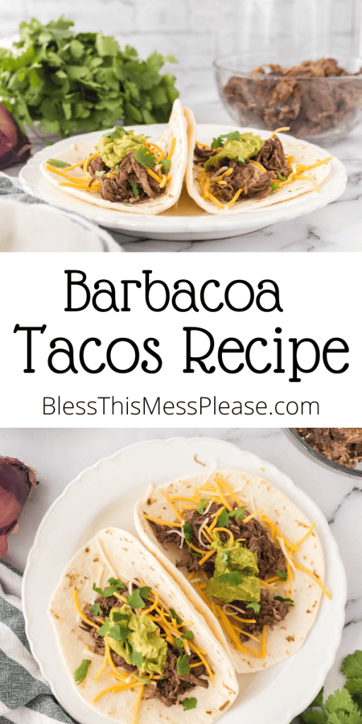 pin that reads barbados tacos recipe with flour shell tacos on a plate