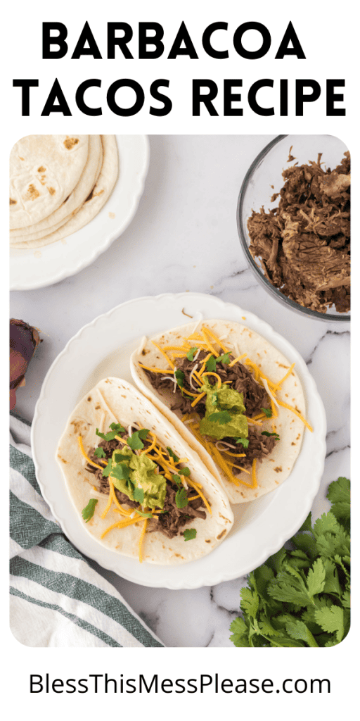 pin that reads barbados tacos recipe with flour shell tacos on a plate