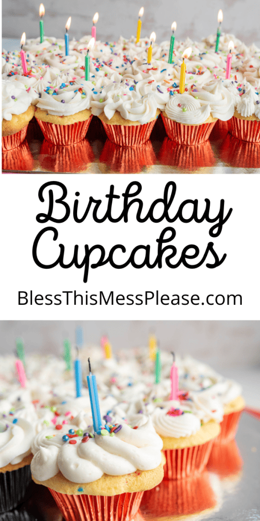 pin that reads birthday cupcakes with white cupcakes and white icing with rainbow sprinkles and a candle in each