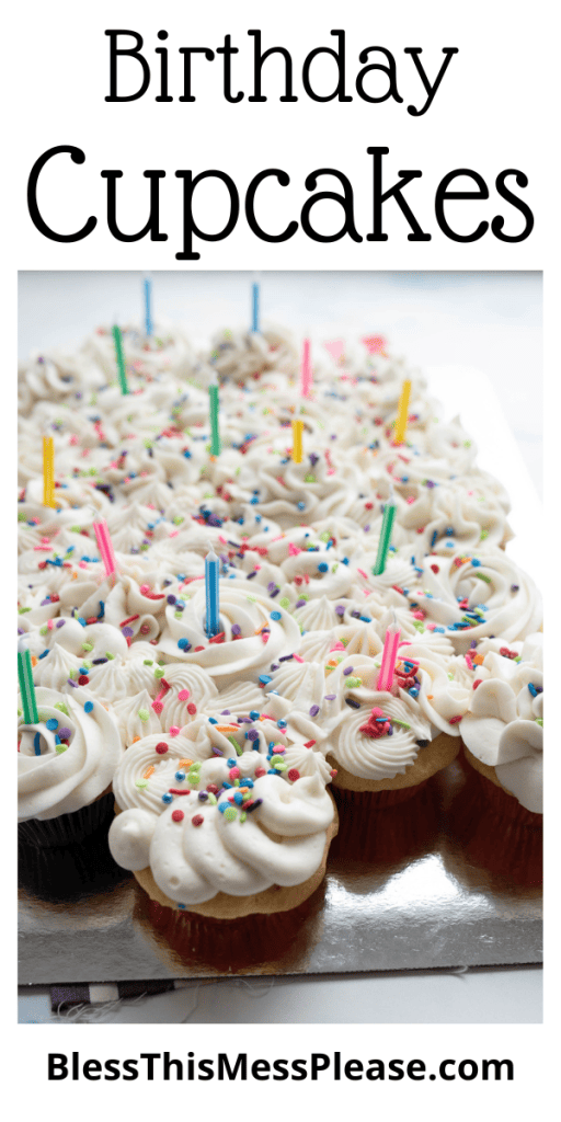 pin that reads birthday cupcakes with white cupcakes and white icing with rainbow sprinkles and a candle in each