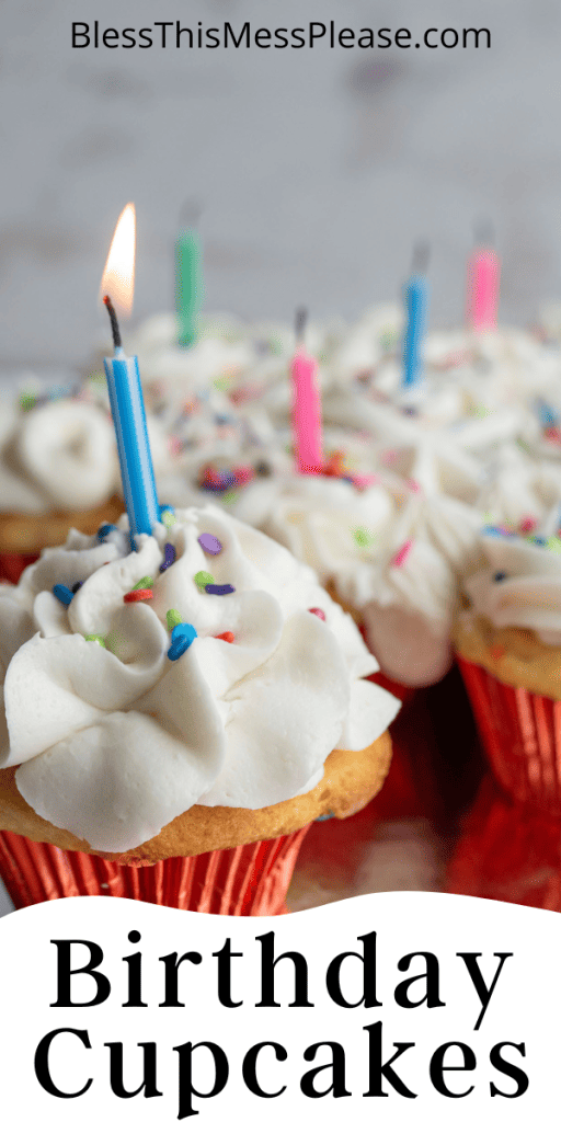 pin that reads birthday cupcakes with white cupcakes and white icing with rainbow sprinkles and a candle in each