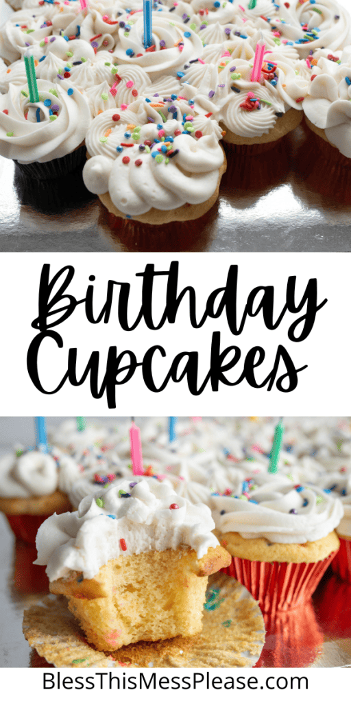 pin that reads birthday cupcakes with white cupcakes and white icing with rainbow sprinkles and a candle in each