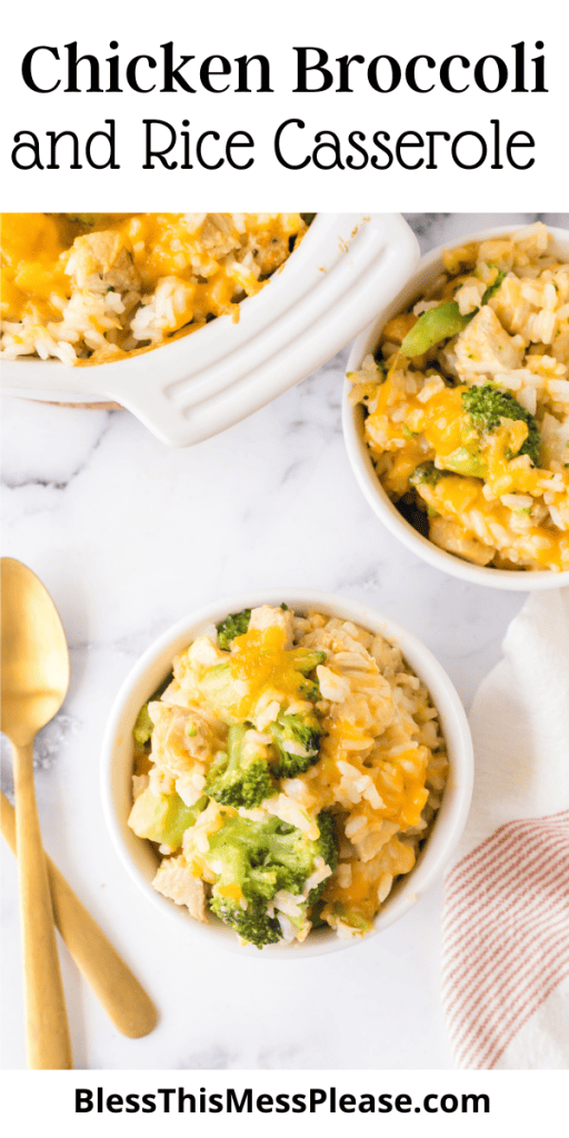 Pin that reads Chicken Broccoli Rice Casserole with rice in a bowl