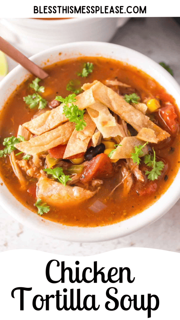 pin for chicken tortilla soup in a bowl with chip strips and cilantro on top