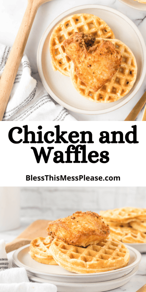 pin for chicken and waffles recipe with crispy skin fried chicken on top of homemade waffles with syrup