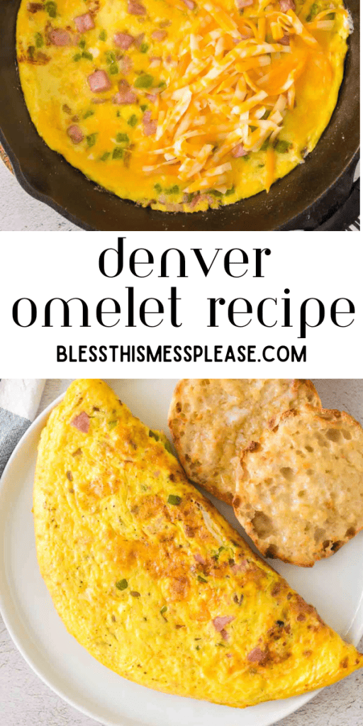 Denver omelet shown both cooking and completed as pin