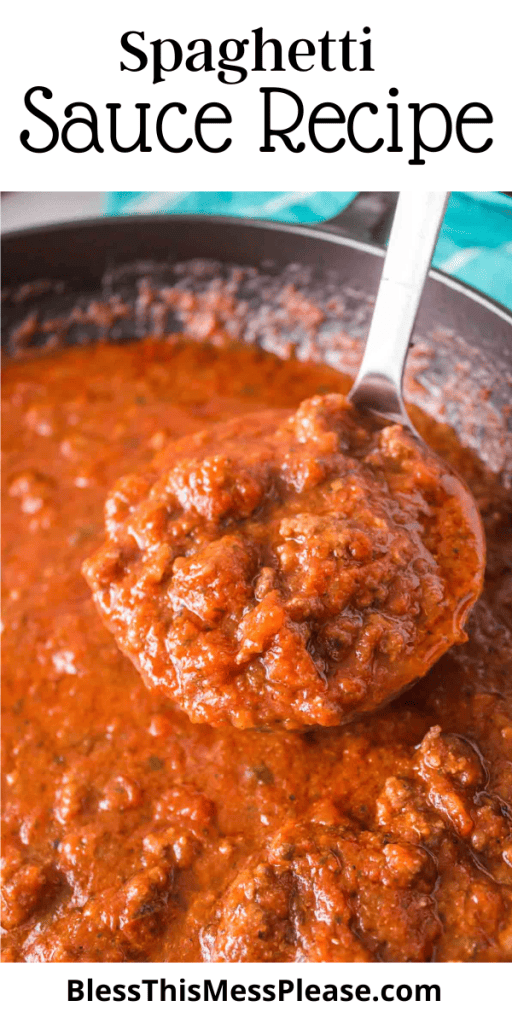 pin that reads homemade spaghetti sauce recipe with images of the red sauce in a pan and with a spoon