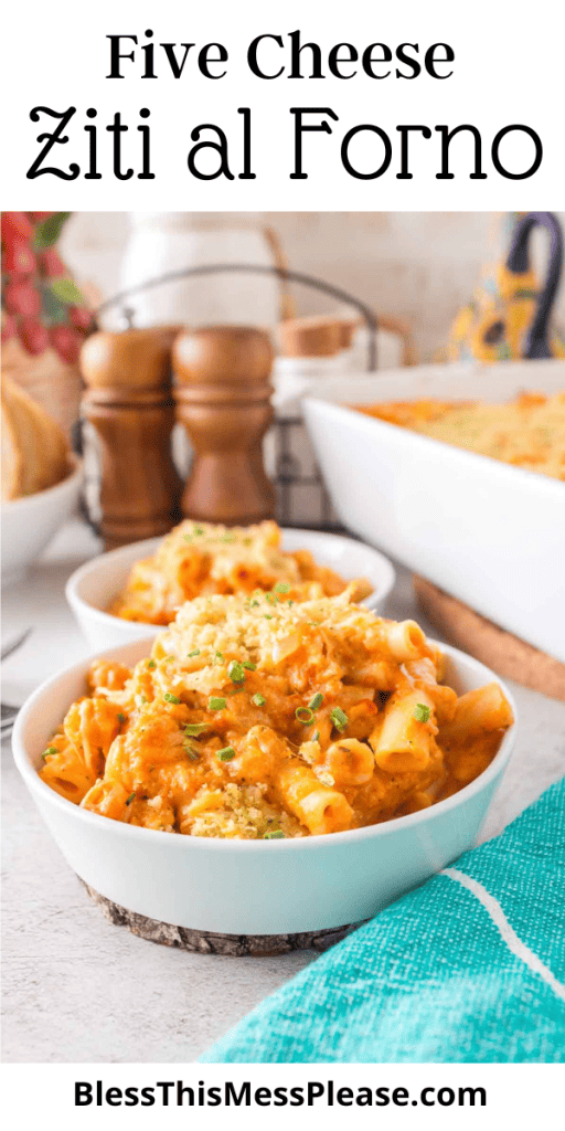 pin that reads five cheese ziti al forno recipe with red sauce and cheesy pasta in a white bowl