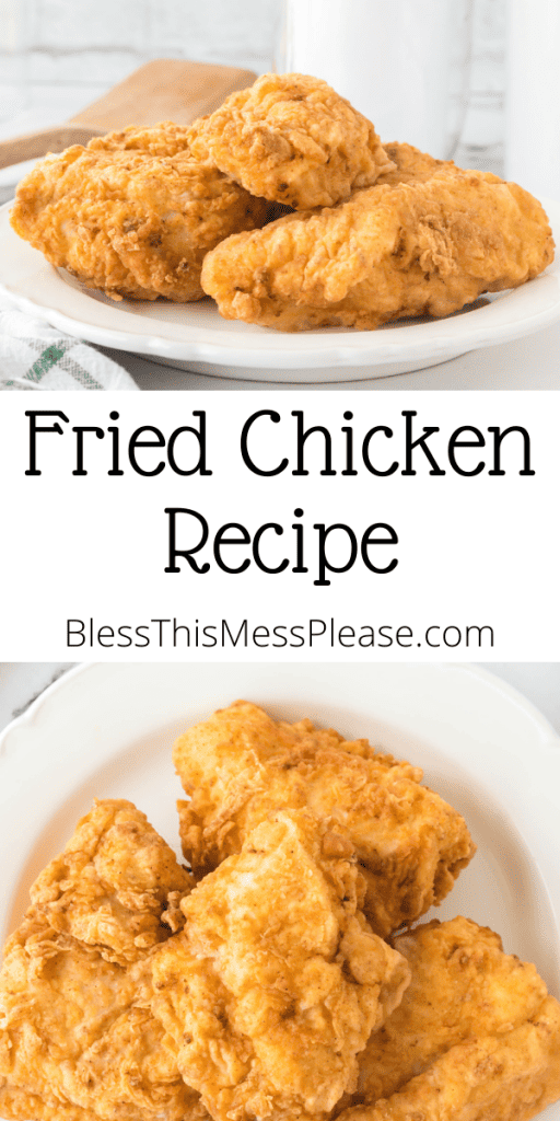 pin that reads fried chicken recipe with crispy golden chicken pieces on a white plate