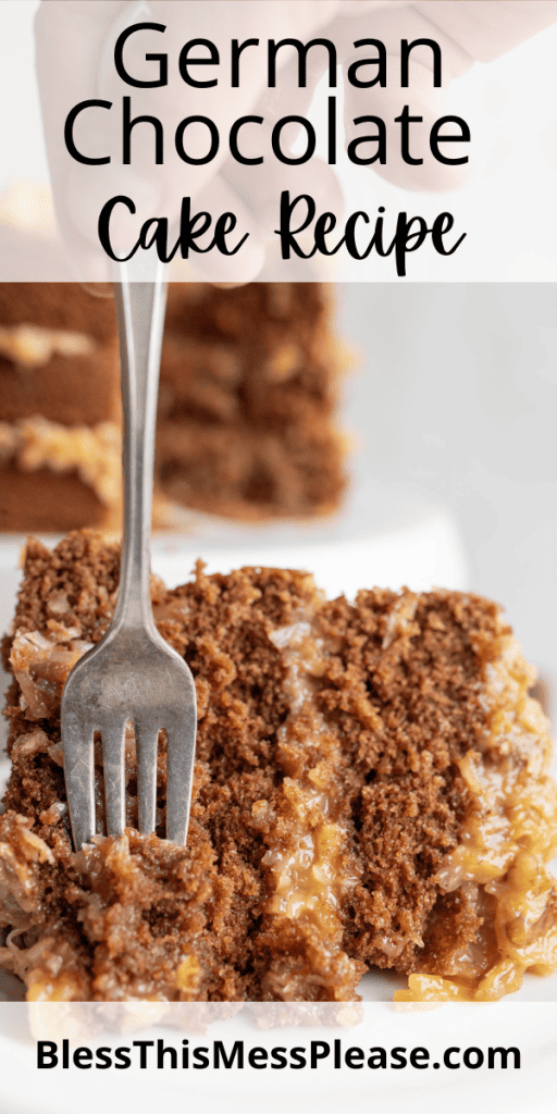 pin that reads german chocolate cake recipe with brown cake and a coconut frosting in layers