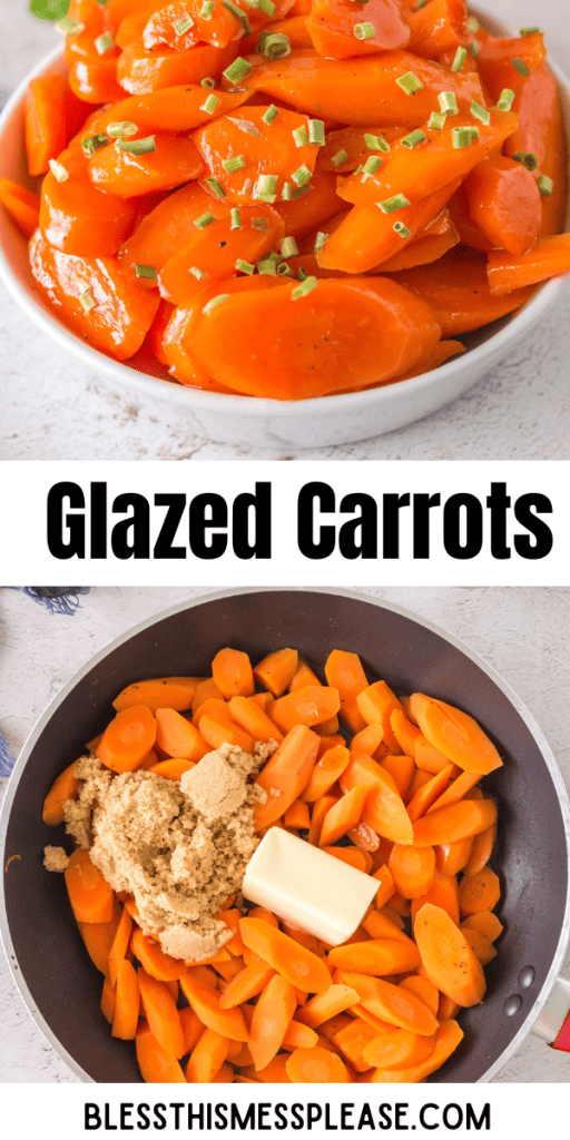 pin that reads glazed carrots with coked sticky carrots in a white bowl