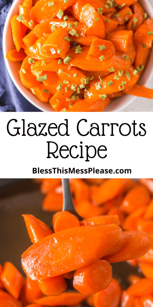 pin that reads glazed carrots with coked sticky carrots in a white bowl