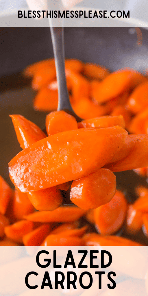 pin that reads glazed carrots with coked sticky carrots up close on a fork